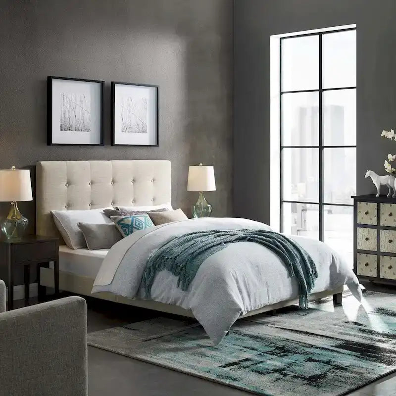 Cama de plataforma tapizada tamaño Queen con capitoné de botones