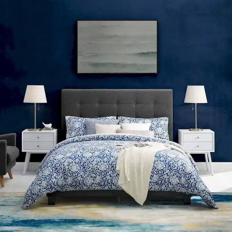Cama de plataforma tapizada tamaño Queen con capitoné de botones