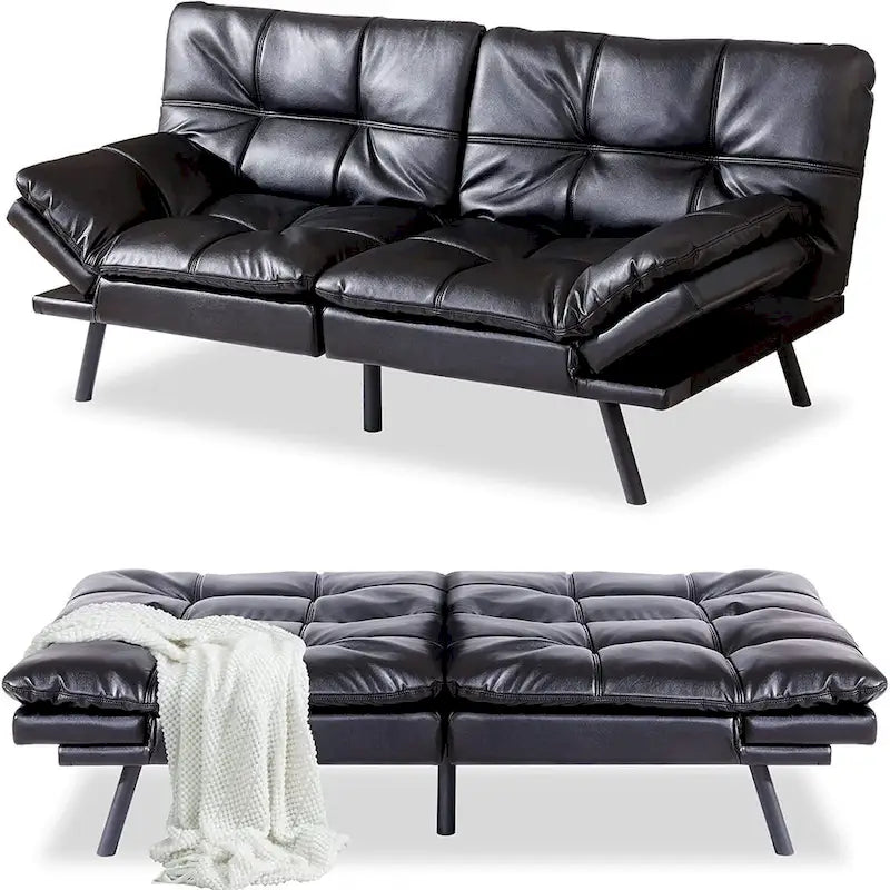 Sofá cama futón convertible de piel sintética negra