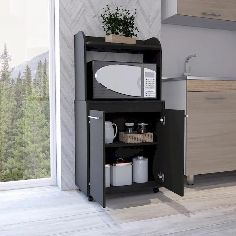 Black Microwave Kitchen Cart with 2-Door Storage Cabinet