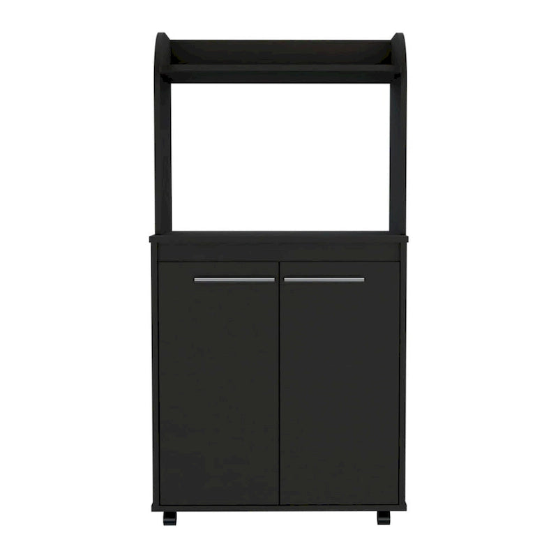 Carrito de cocina negro para microondas con armario de almacenamiento de 2 puertas