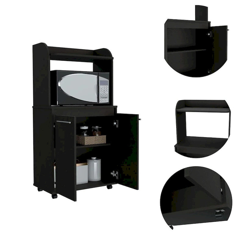 Carrito de cocina negro para microondas con armario de almacenamiento de 2 puertas