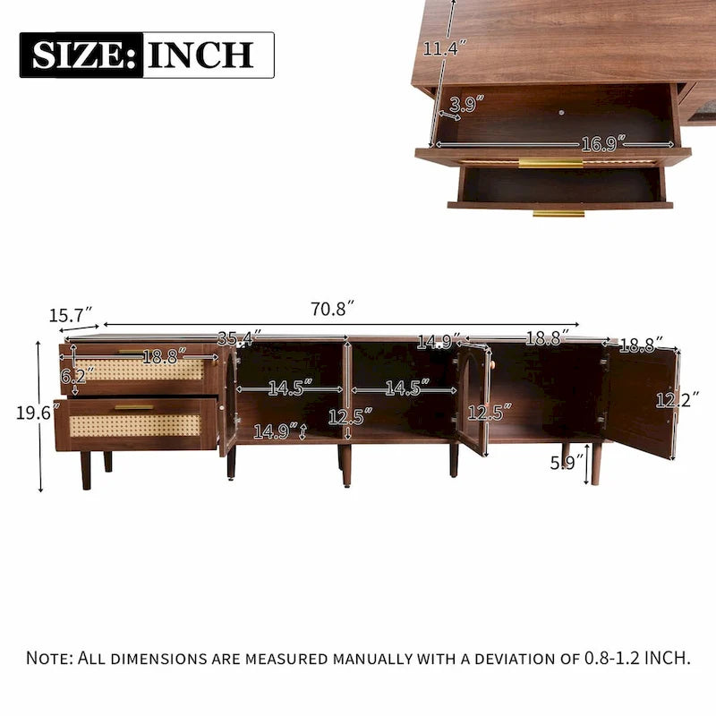 Mueble de TV inspirado en el ratán con almacenamiento para televisores de hasta 80 pulgadas