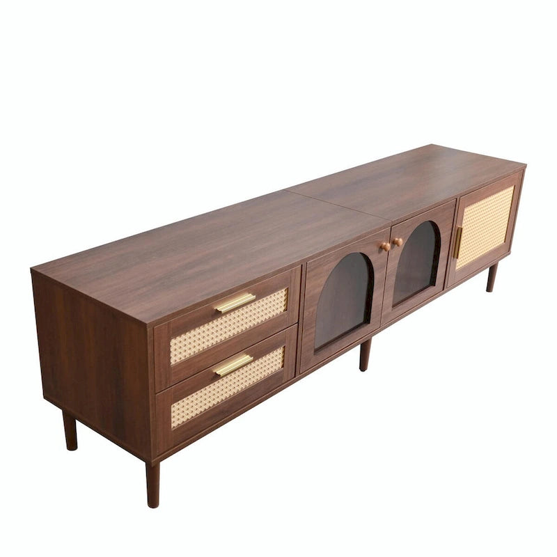 Mueble de TV inspirado en el ratán con almacenamiento para televisores de hasta 80 pulgadas
