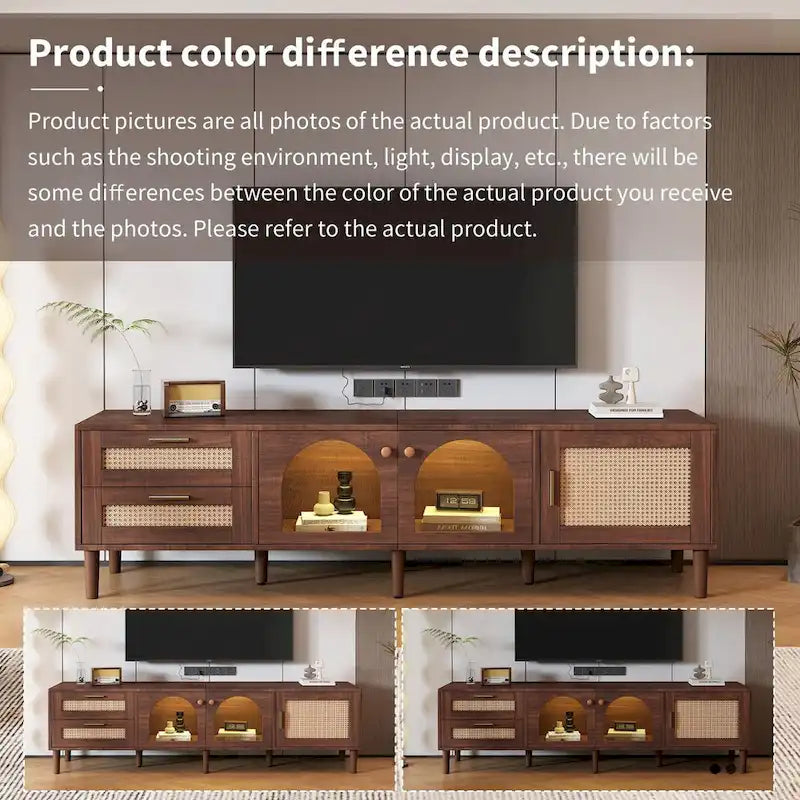Mueble de TV inspirado en el ratán con almacenamiento para televisores de hasta 80 pulgadas