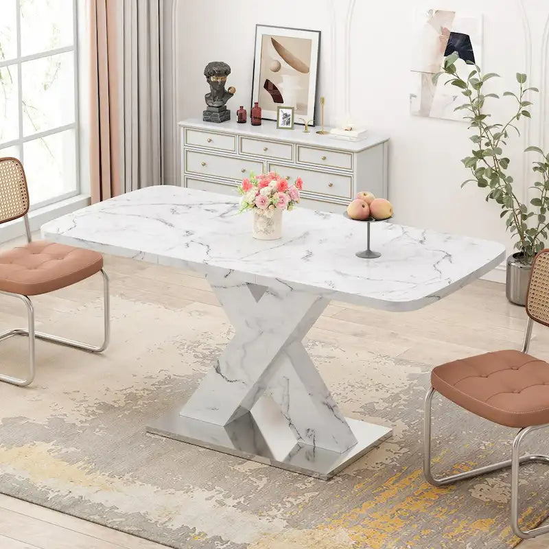 Mesa de comedor extensible con aspecto de mármol y pedestal en forma de X