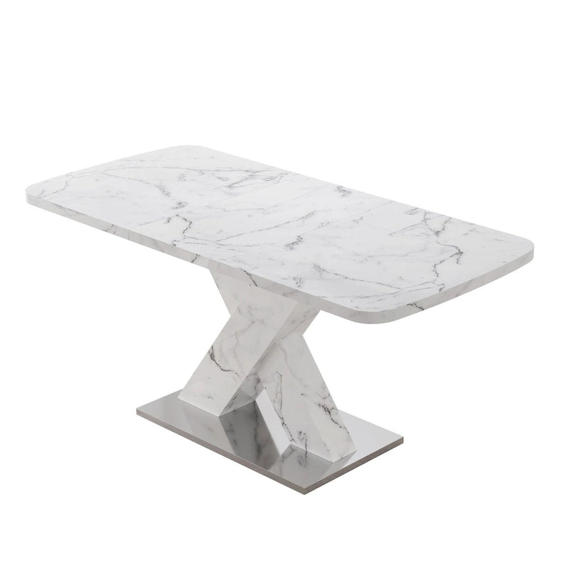 Mesa de comedor extensible con aspecto de mármol y pedestal en forma de X