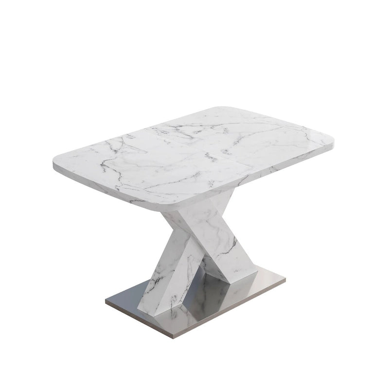 Mesa de comedor extensible con aspecto de mármol y pedestal en forma de X