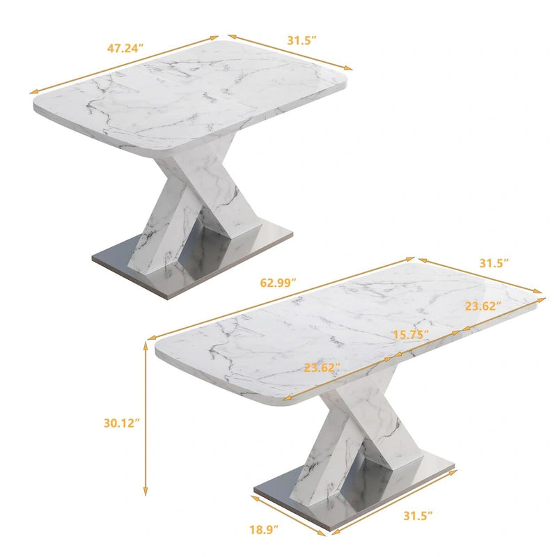 Mesa de comedor extensible con aspecto de mármol y pedestal en forma de X
