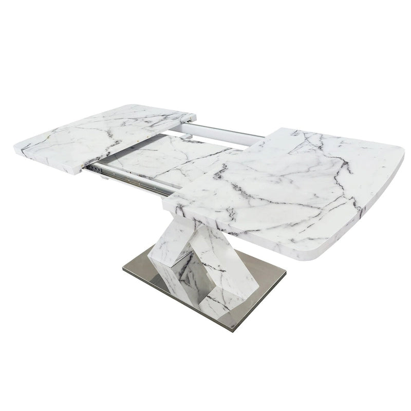 Mesa de comedor extensible con aspecto de mármol y pedestal en forma de X