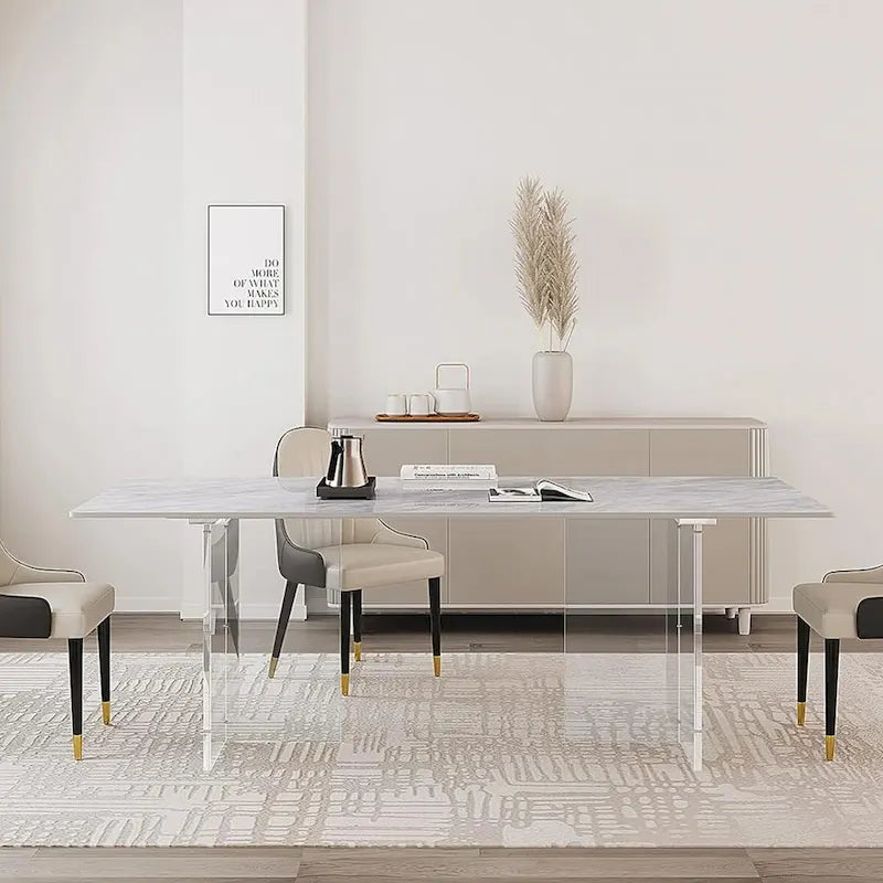 Mesa de comedor rectangular de piedra sinterizada de 1.8 m con patas de acrílico