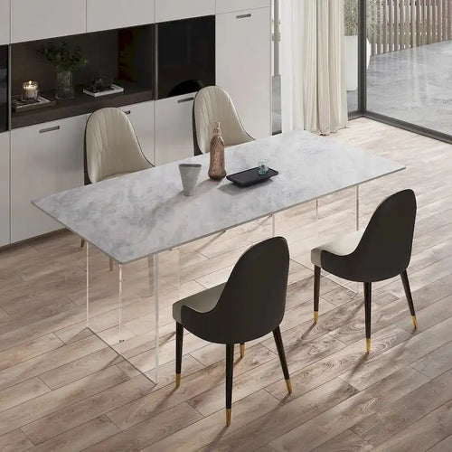 Mesa de comedor rectangular de piedra sinterizada de 1.8 m con patas de acrílico