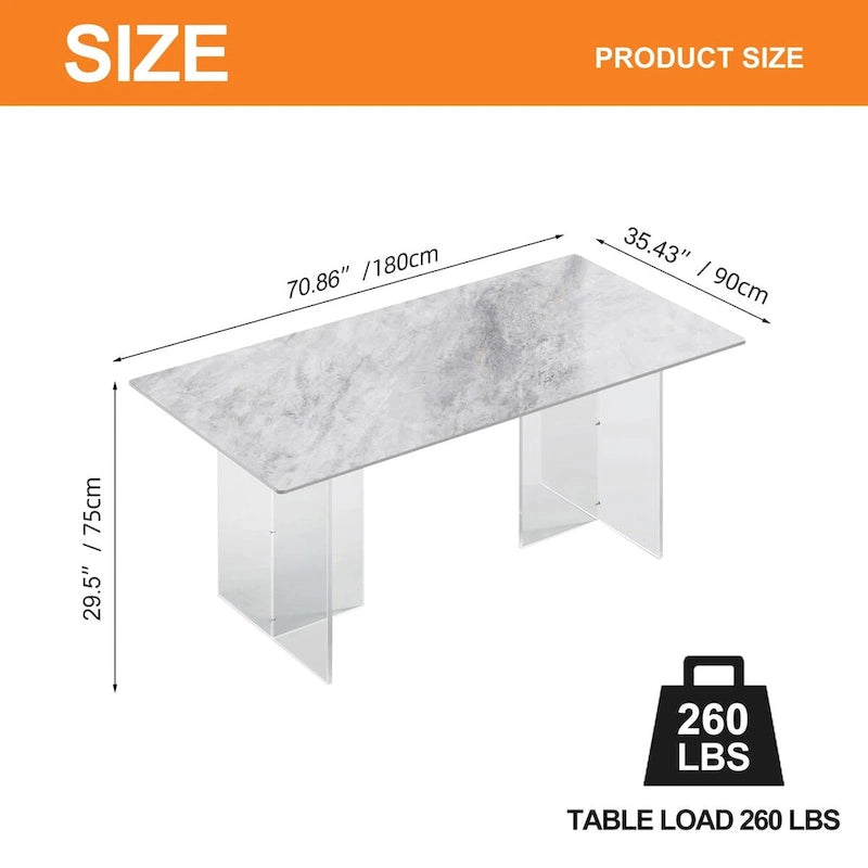 1.8 m Rectangular Sintered Stone Dining Table with Acrylic Legs