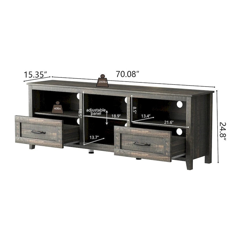 70-Zoll-TV-Schrank mit 2 Schubladen und 4 offenen Fächern