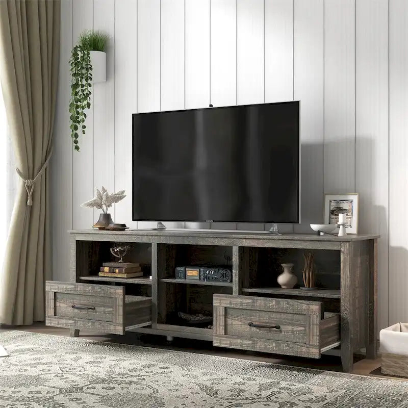70-Zoll-TV-Schrank mit 2 Schubladen und 4 offenen Fächern