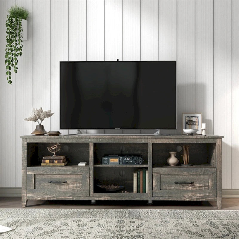 70-Zoll-TV-Schrank mit 2 Schubladen und 4 offenen Fächern