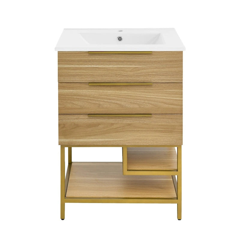 Mueble de baño de 24 pulgadas en tono roble con lavabo de cerámica