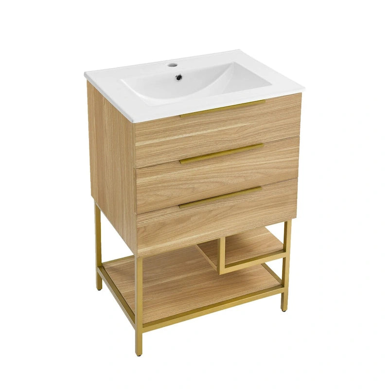 Mueble de baño de 24 pulgadas en tono roble con lavabo de cerámica