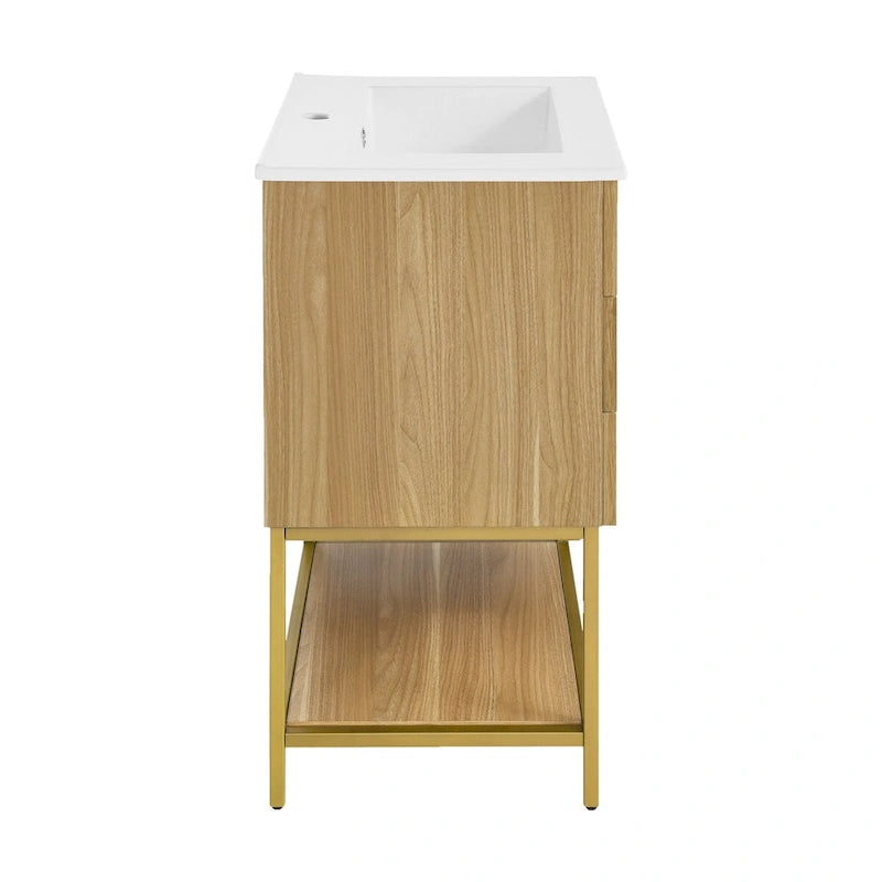 Mueble de baño de 24 pulgadas en tono roble con lavabo de cerámica