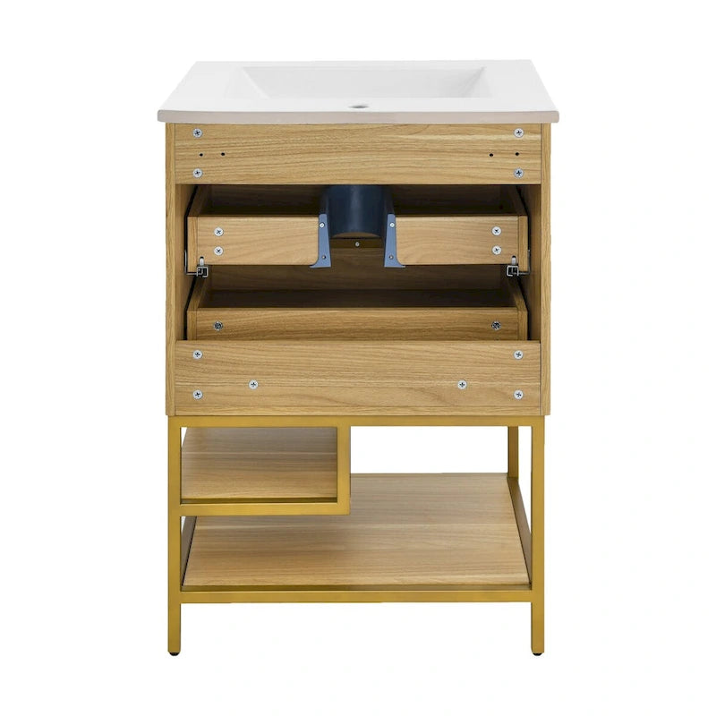 Mueble de baño de 24 pulgadas en tono roble con lavabo de cerámica