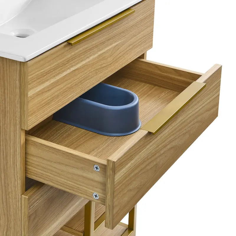 Mueble de baño de 24 pulgadas en tono roble con lavabo de cerámica