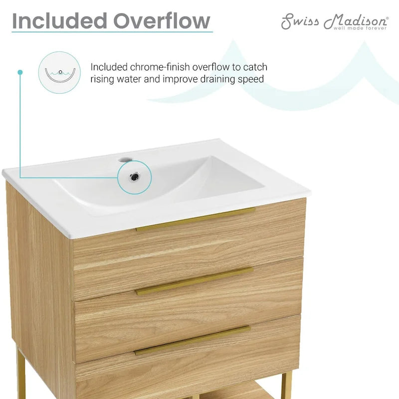 Mueble de baño de 24 pulgadas en tono roble con lavabo de cerámica
