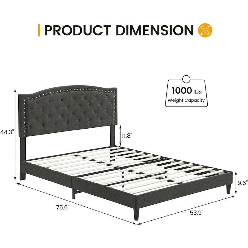 Cama de plataforma tapizada con cabecero capitoné ajustable