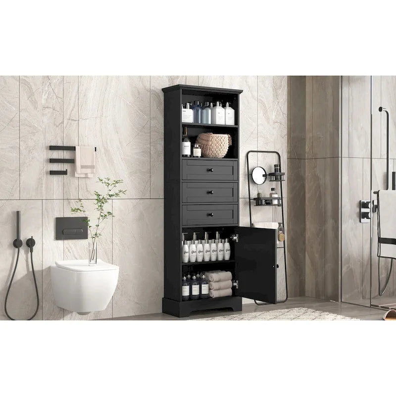 Czarna wysoka szafka do przechowywania z 3 szufladami i regulowanymi półkami